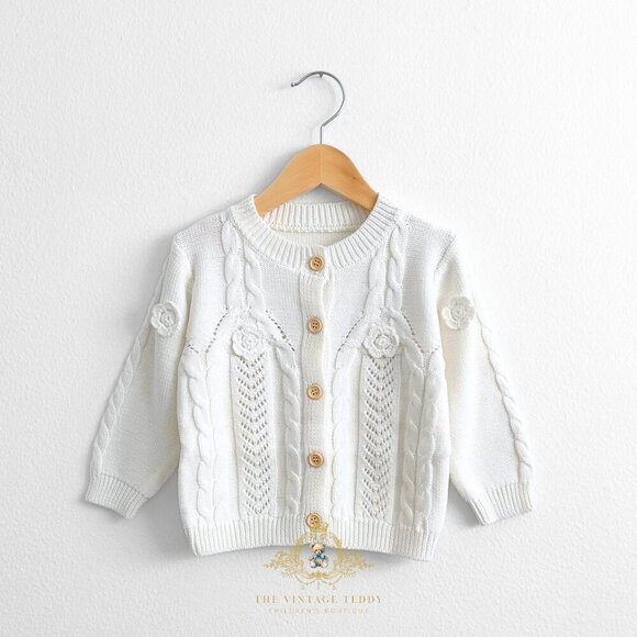 Other - NWT Lovely Girls Cardigan Sweater Knitted Long Sleeve Flower Design White 2-3T